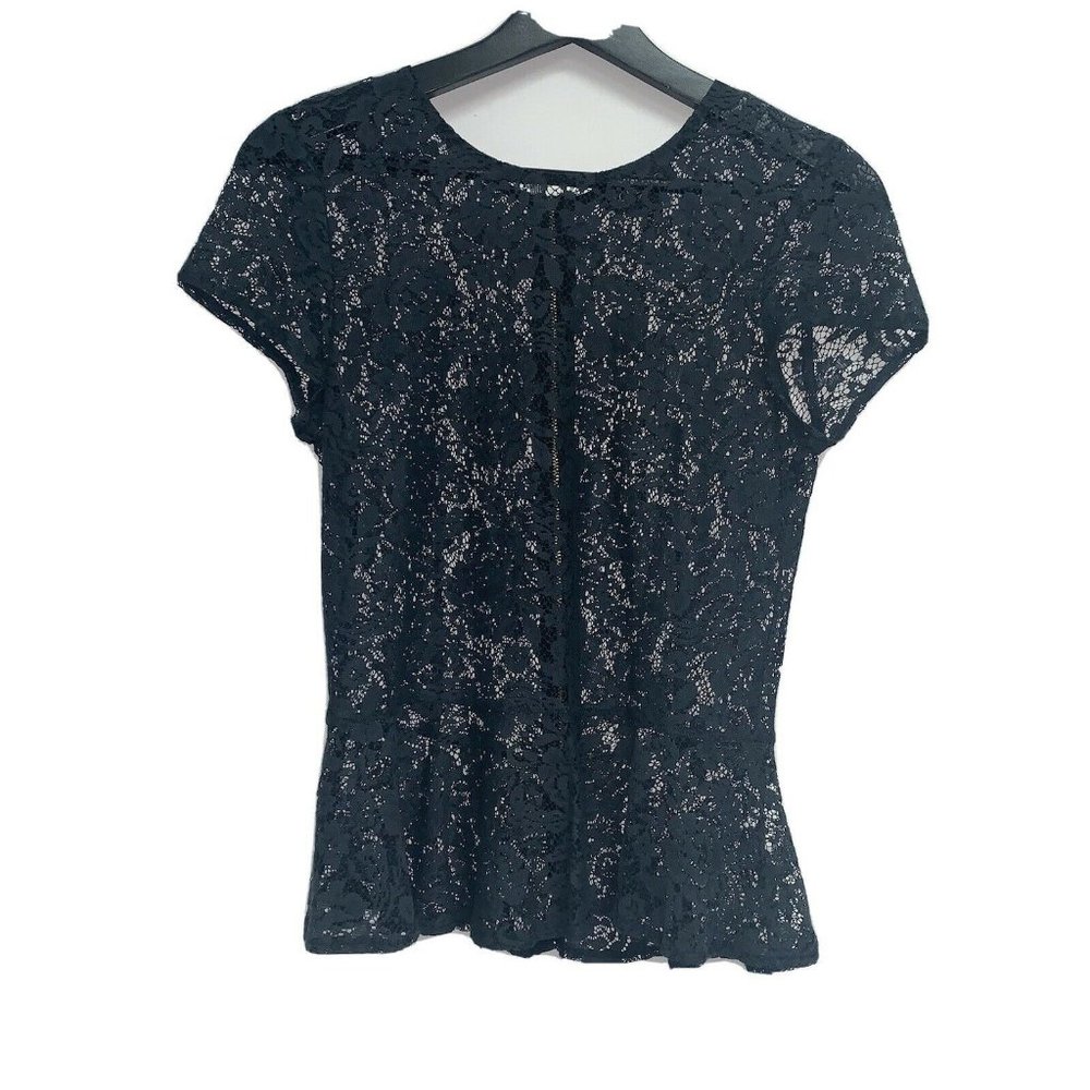 Topshop Womens Floral Rose Lace Peplum Top SZ 6 Black Zipper Short Sleeve Shirt
